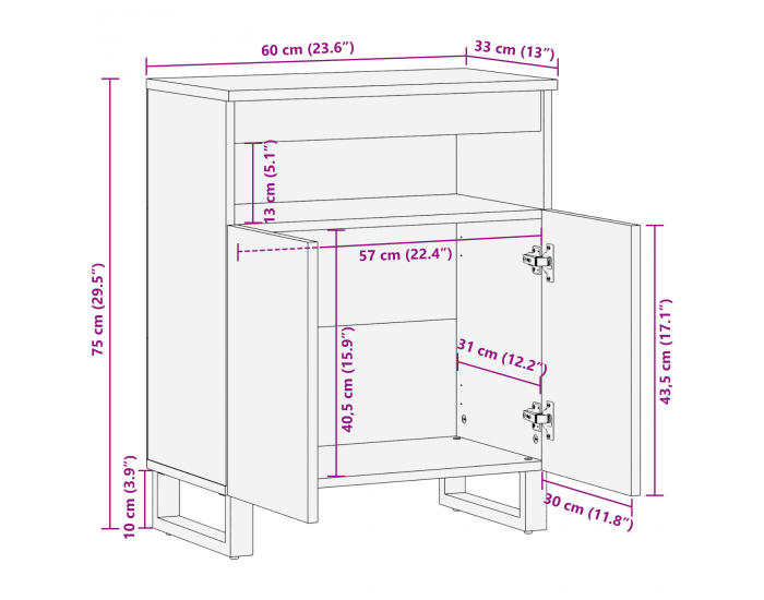 Sonata H Страничен шкаф 60x33.5x75 см от масивна мангова дървесина
