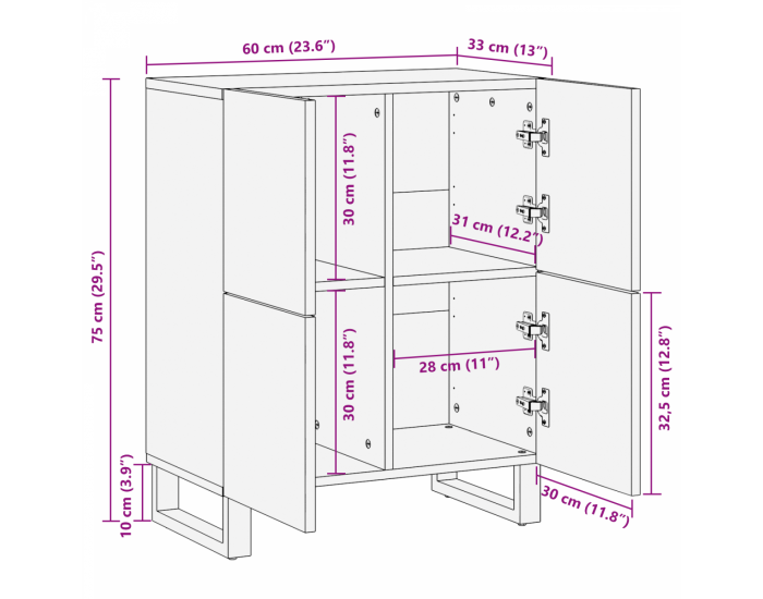 Sonata H Шкаф 60x33.5x75 см от масивно манго и конструкторска дървесина