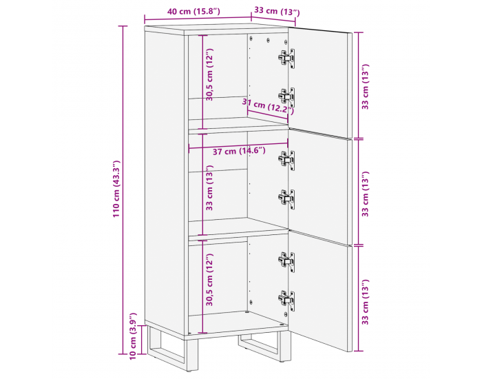 Sonata H височинен бюфет 40x33.5x110 см от масивна мангова дървесина