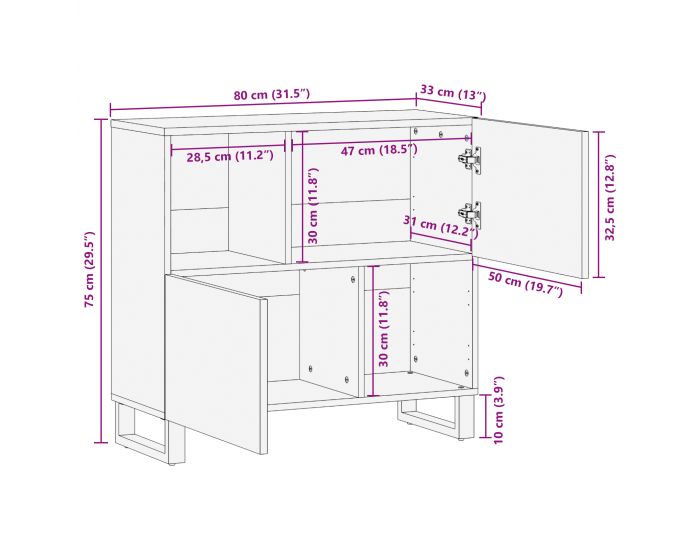 Sonata H Сайдборд 80x33.5x75 см солидно дърво манго
