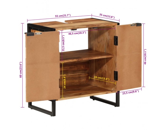 Sonata H Шкаф за баня 55x35x60 см масивно акациево дърво и желязо