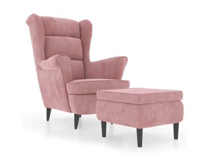 Sonata H Фотьойл Wingback с табуретка, розова, кадифе