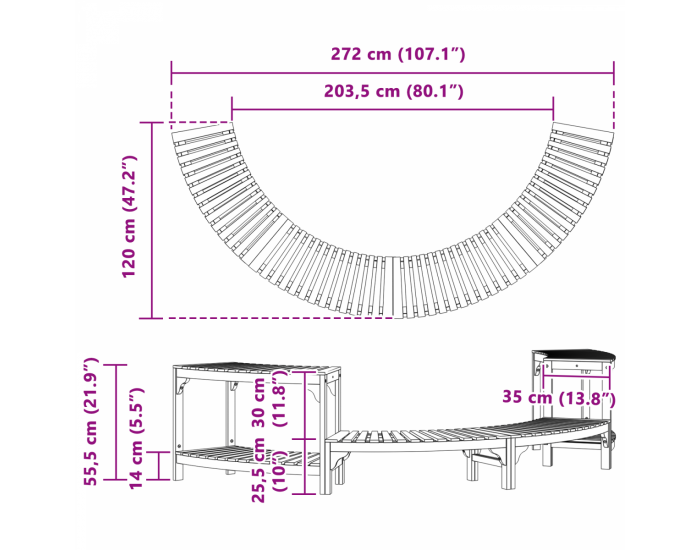 Sonata H Полуокръгла ограда за вана 272x120.5x55.5 см от твърдо дърво акация