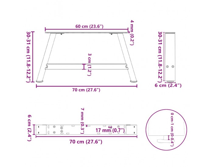 Sonata H Крака за масичка за кафе, А-образни, 2 бр., 70 x (30-31) см, стомана
