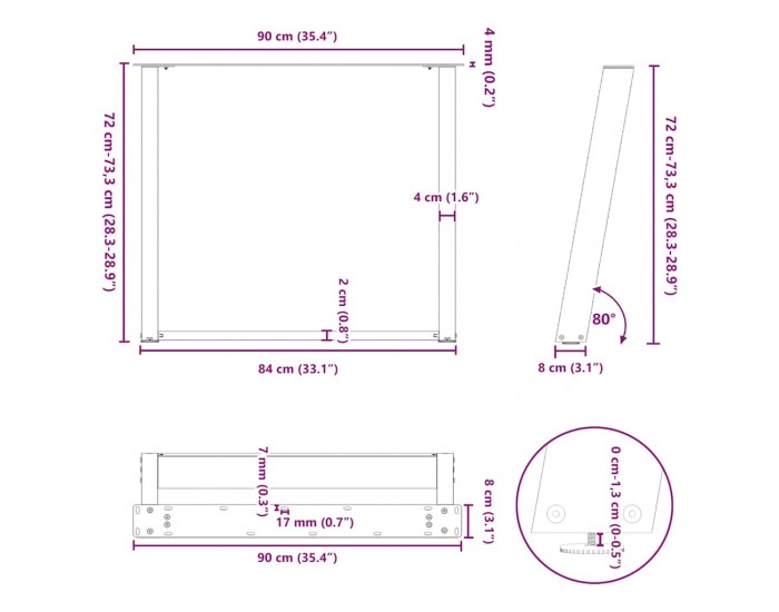 Sonata H Крака за трапезна маса, U-образни, 2 бр., естествена стомана, 90 x (72-73) см, стомана
