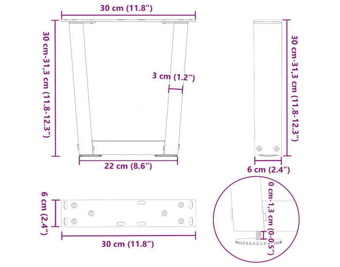 Sonata H Крака за масичка за кафе, V-образни, 2 бр., черни, 30 x (30-31,3) см, стомана
