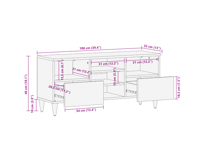 Sonata H ТВ шкаф 100x33x46 см от масивно мангово дърво