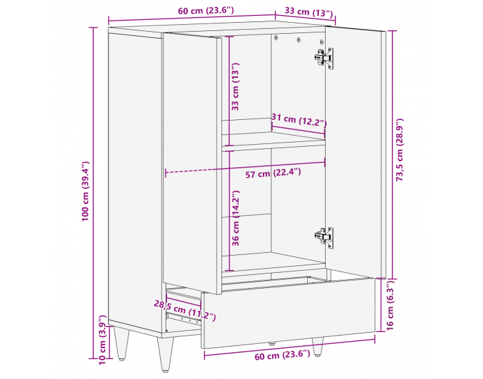 Sonata H Висок шкаф 60x33x100 см от масивно дърво манго