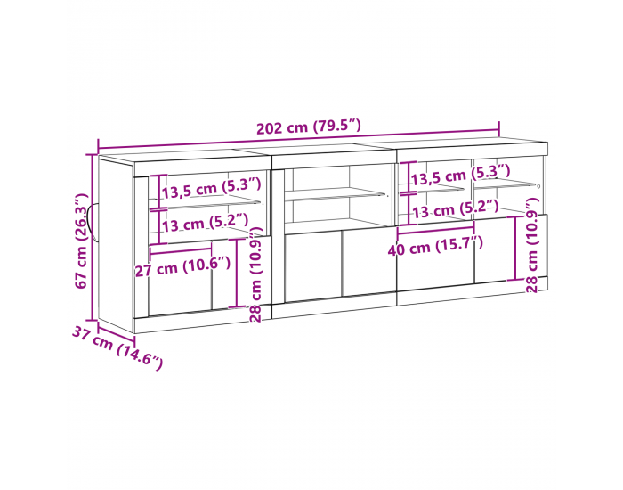 Sonata H Съхранение с LED лампи старо дърво 202x37x67 см