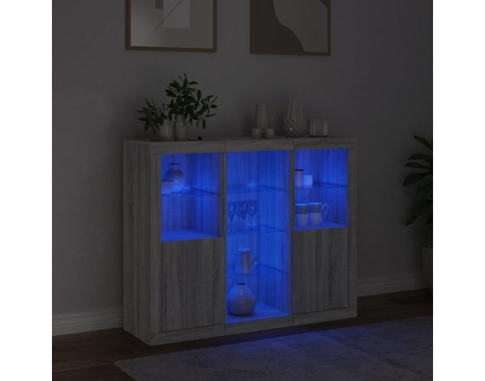 Sonata H Сайдборди с LED осветление, 3 бр, сив сонома, инженерно дърво