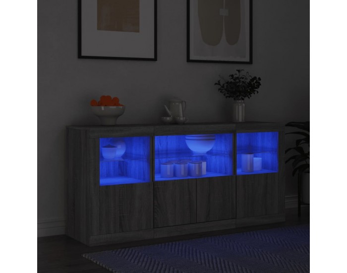 Sonata H Сайдборд с LED светлини, сив сонома, 142,5x37x67 см