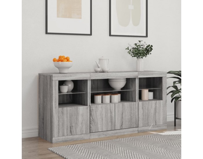 Sonata H Сайдборд с LED светлини, сив сонома, 142,5x37x67 см