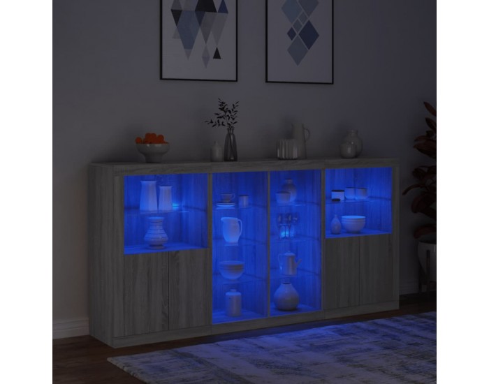 Sonata H Сайдборд с LED светлини, сив сонома, 202x37x100 см