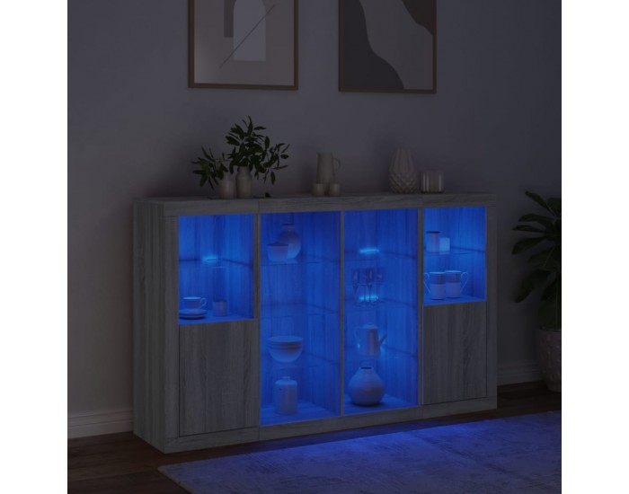 Sonata H Сайдборди с LED осветление, 3 бр, сив сонома, инженерно дърво