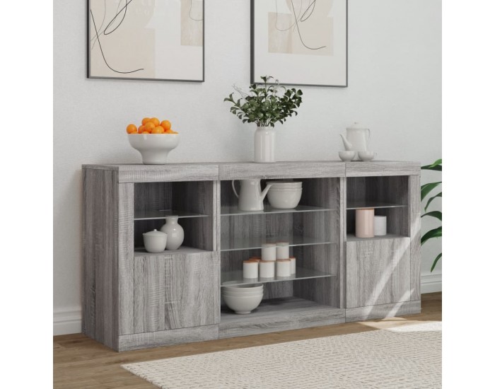 Sonata H Сайдборд с LED светлини, сив сонома, 142,5x37x67 см
