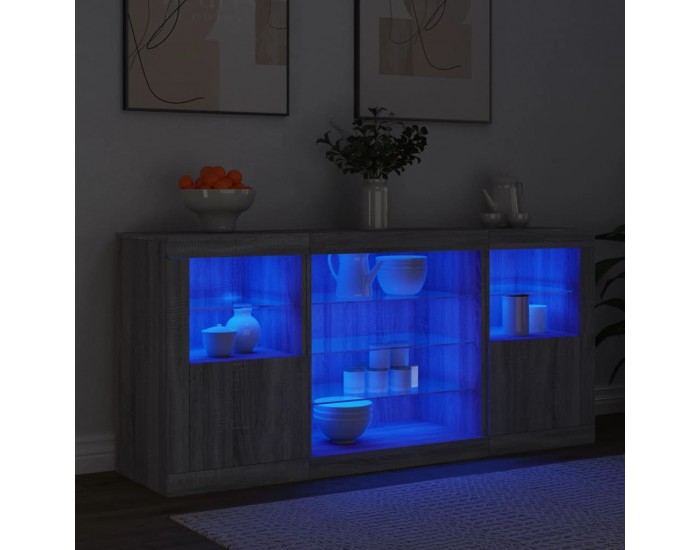 Sonata H Сайдборд с LED светлини, сив сонома, 142,5x37x67 см