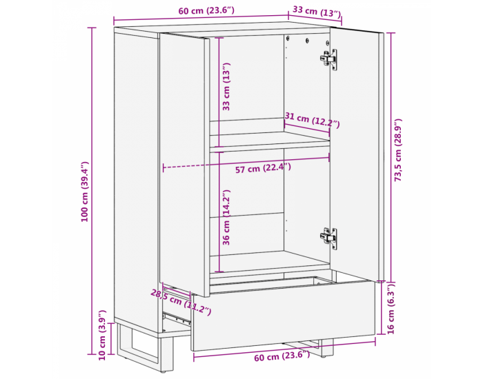 Sonata H Висок шкаф 60x33.5x100 см от масивно мангово дърво