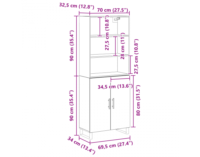 Sonata H висок борд черен дъб 69.5x34x180 см инженерна дървесина