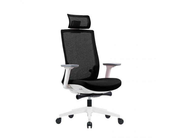 Ергономичен стол RFG Meteor White HB, дамаска и меш, до 130 kg, черна седалка, черна облегалка
