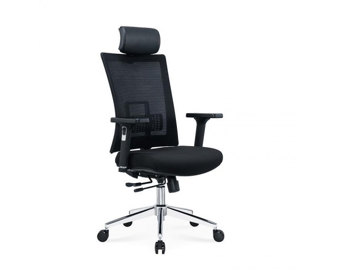 Ергономичен стол RFG Luxe HB Chrome, дамаска и меш, Multi-function механизъм, до 120 kg, черна седалка, черна облегалка