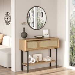 Конзолна маса Kvænangen 100x30x76 cm вид дъб/ратан [] - Măsuțe de living