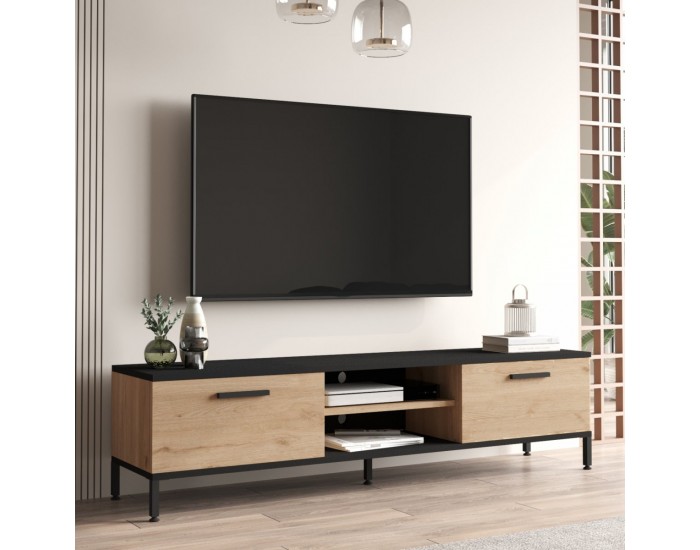 ТВ маса Lempäälä с 2 отделения за съхранение 160 x 35 x 39 см дъб/черен []