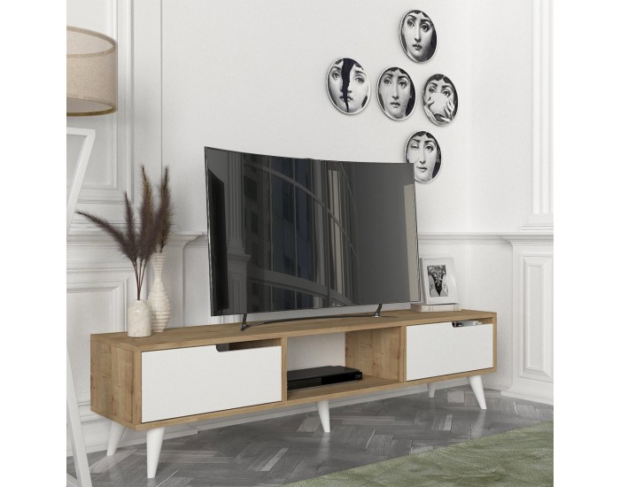 ТВ шкаф Kullila 160x35x40 см дъб имитация/бял []