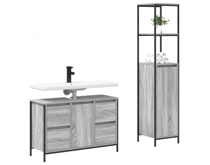 Sonata H Комплект мебели за баня с чекмедже 2 pcs Сив сонома и Черен