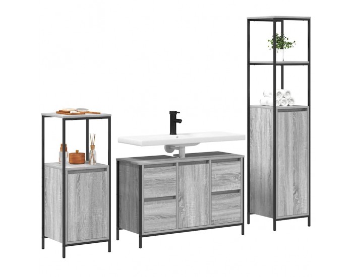 Sonata H Комплект мебели за баня с чекмедже 3 pcs Сив сонома и Черен