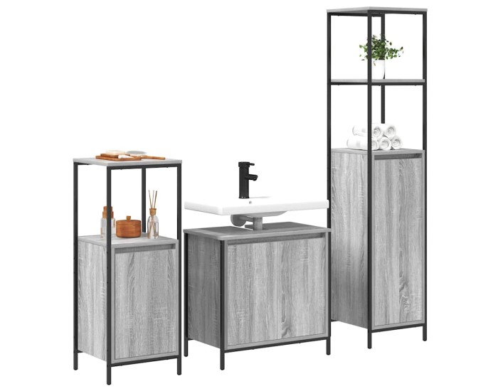 Sonata Set de mobilier pentru baie 3 buc. Gri Sonoma și negru