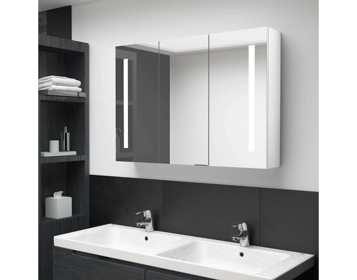Sonata H LED шкаф с огледало за баня, 89x14x62 см, блестящо бял