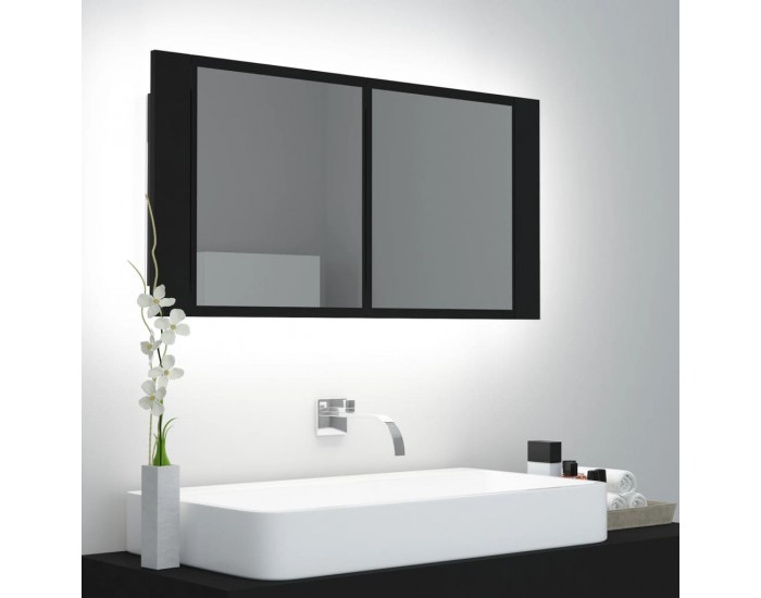 Sonata H Шкаф с LED огледало за баня, черно, 90x12x45 см, акрил