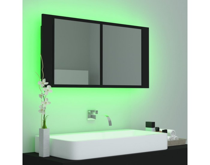 Sonata H Шкаф с LED огледало за баня, черно, 90x12x45 см, акрил