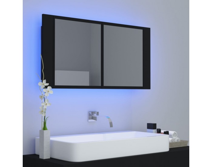 Sonata H Шкаф с LED огледало за баня, черно, 90x12x45 см, акрил