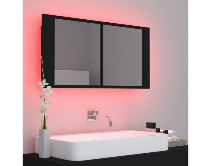Sonata H Шкаф с LED огледало за баня, черно, 90x12x45 см, акрил