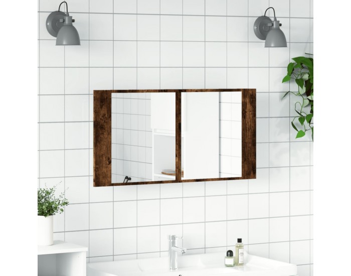 Sonata H Шкаф с LED огледало за баня, опушен дъб, 90x12x45 см, акрил