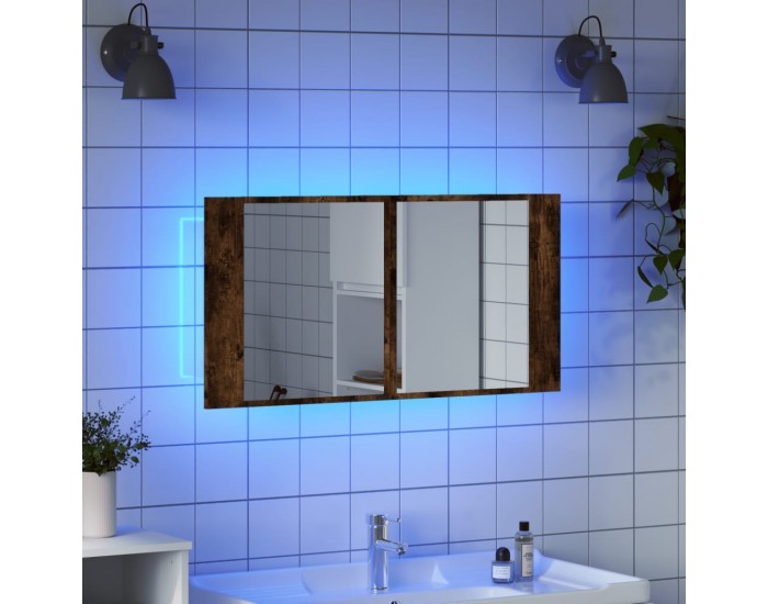 Sonata H Шкаф с LED огледало за баня, опушен дъб, 90x12x45 см, акрил