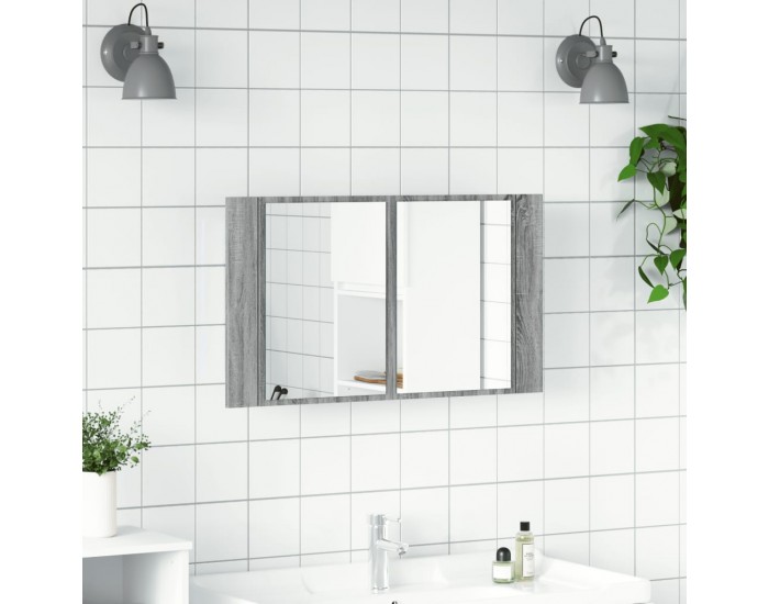 Sonata H Шкаф с LED огледало за баня, сив сонома, 80x12x45 см, акрил