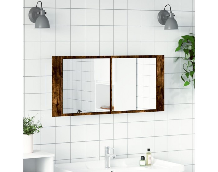 Sonata H Шкаф с LED огледало за баня, опушен дъб, 100x12x45 см