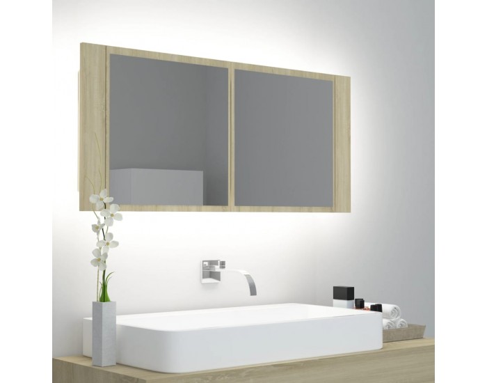 Sonata H Шкаф с LED огледало за баня, дъб сонома, 100x12x45 см, акрил
