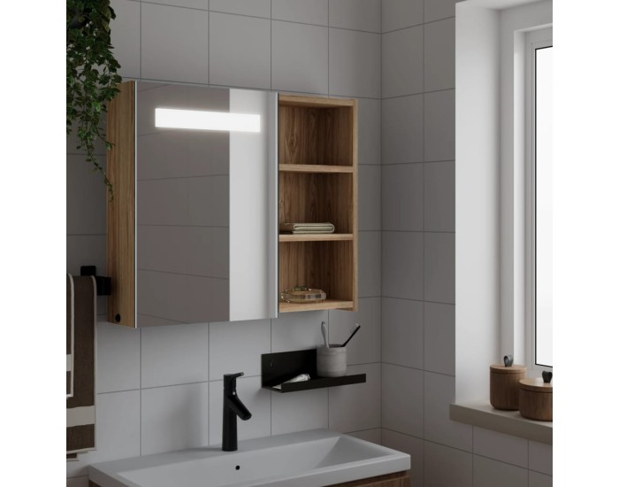 Sonata Dulap cu oglindă de baie cu LED, stejar deschis, 60x13x52 cm