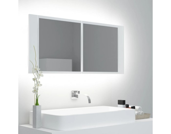 Sonata H Шкаф с LED огледало за баня, бял, 100x12x45 см, акрил