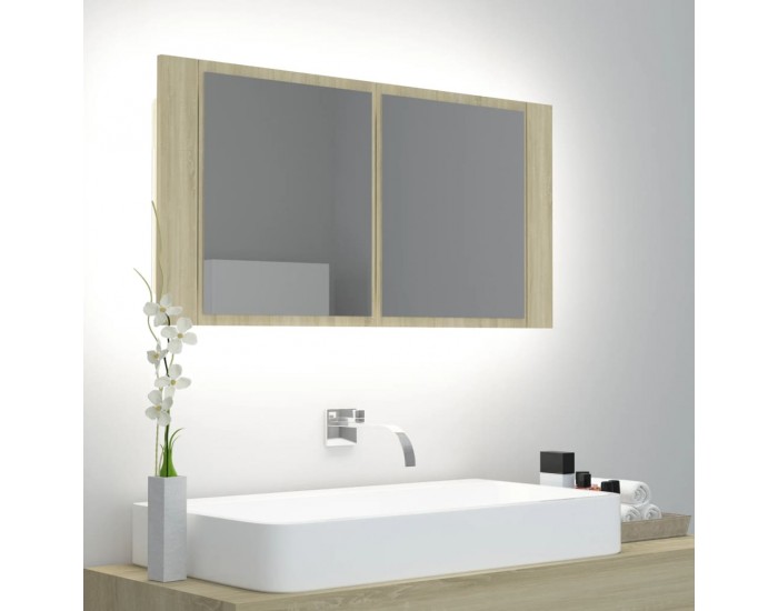 Sonata H Шкаф с LED огледало за баня, дъб сонома, 90x12x45 см, акрил