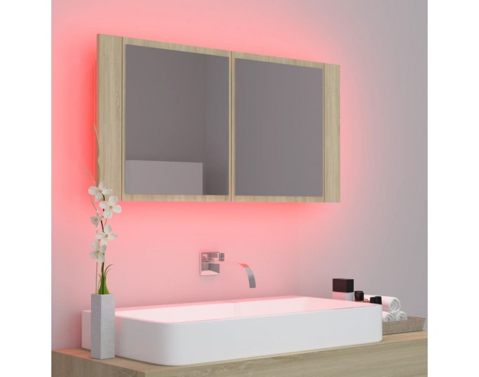 Sonata H Шкаф с LED огледало за баня, дъб сонома, 90x12x45 см, акрил
