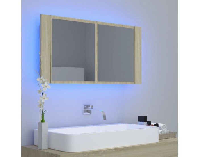 Sonata H Шкаф с LED огледало за баня, дъб сонома, 90x12x45 см, акрил