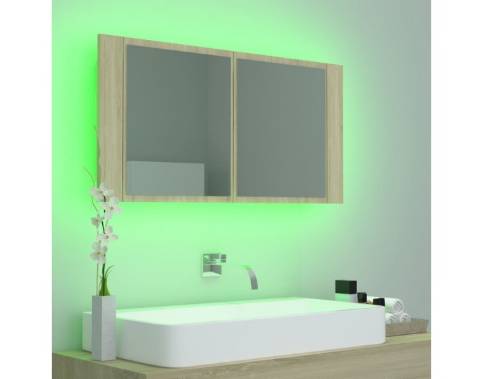 Sonata H Шкаф с LED огледало за баня, дъб сонома, 90x12x45 см, акрил