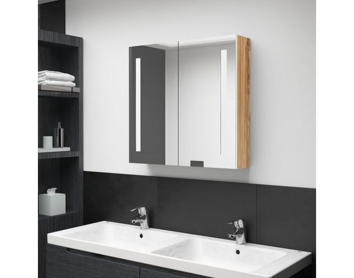 Sonata H LED шкаф с огледало за баня, бяло и цвят дъб, 62x14x60 см