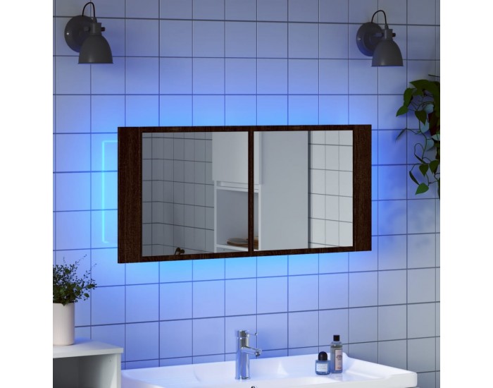 Sonata H Шкаф с LED огледало за баня, кафяв дъб, 100x12x45 см