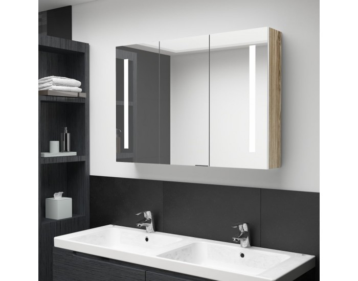 Sonata H LED шкаф с огледало за баня, 89x14x62 см, бяло и дъб
