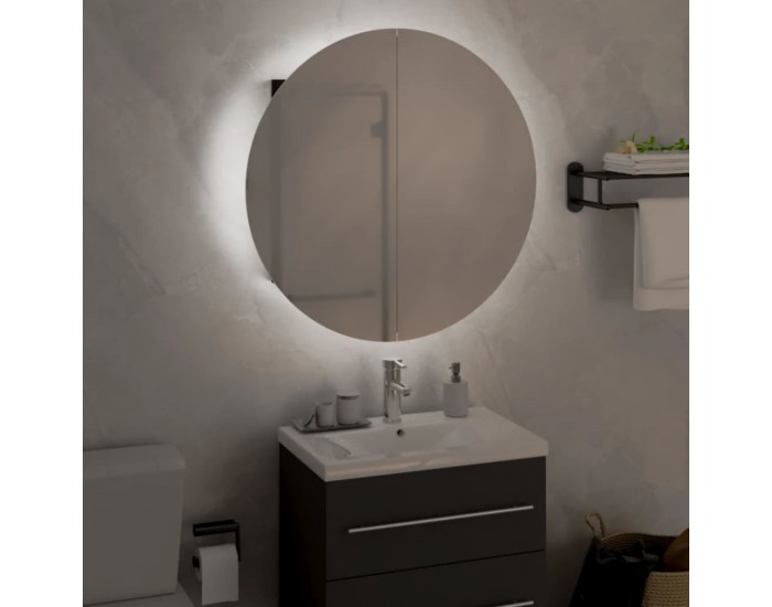 Sonata H Шкаф за баня с кръгло огледало и LED, черен, 47x47x17,5 см